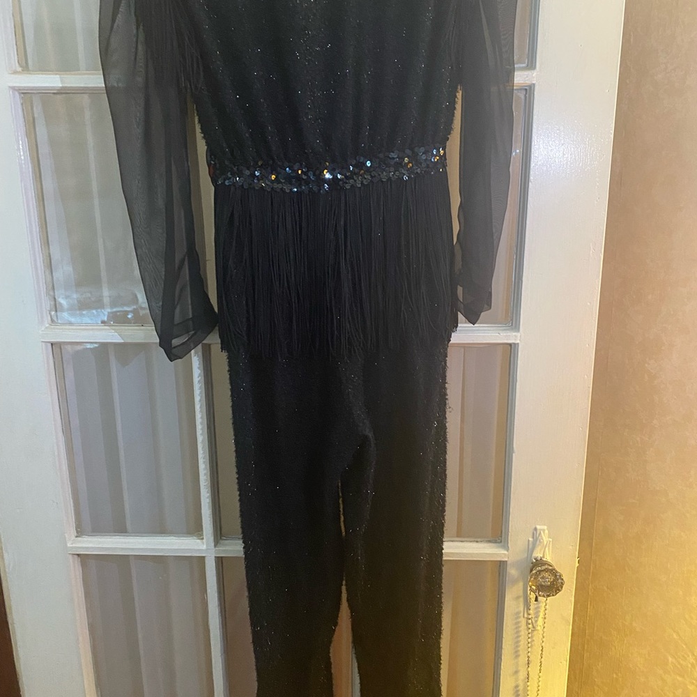 Black sequins jumpsuit w fringe